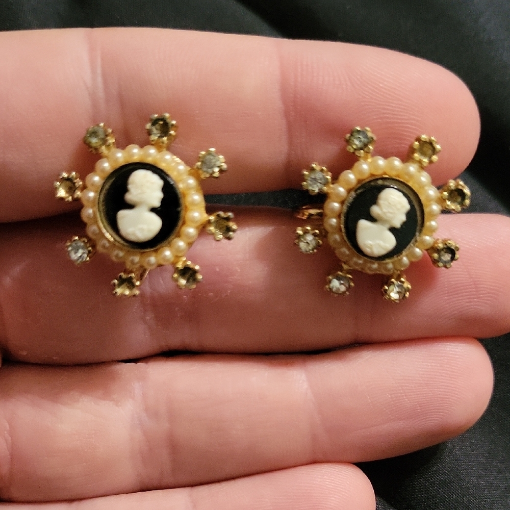 Elegant Black and Gold Cameo Earrings